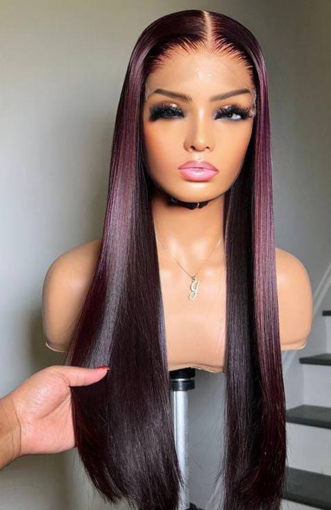The Vesper, long sleek straight wig with wine highlights
